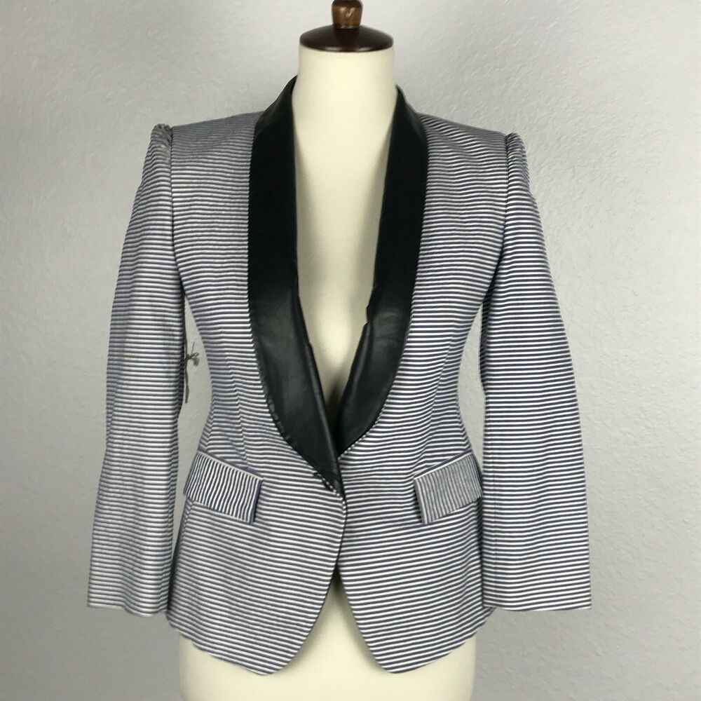 Band of Outsiders Striped Leather Trim Seersucker Blazer FLAW